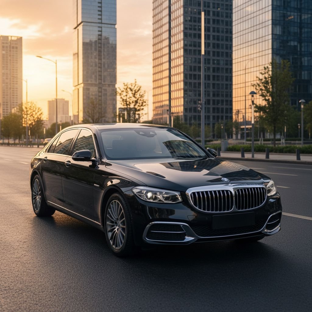 Une berline noire étincelante après un lavage professionnel, garée dans un décor urbain moderne au coucher du soleil.