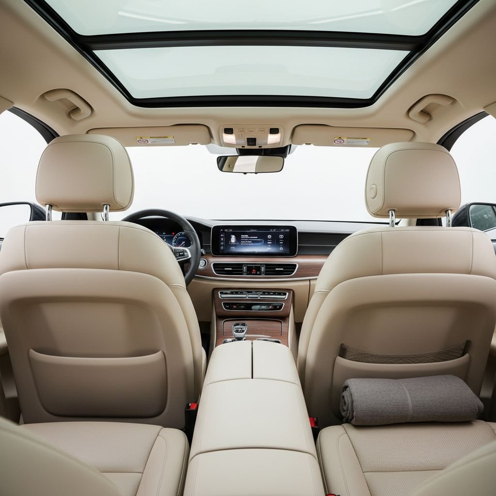 Un intérieur de voiture impeccablement propre, vu depuis le siège arrière, montrant un tableau de bord bien entretenu et des sièges avant prêts pour un long voyage.