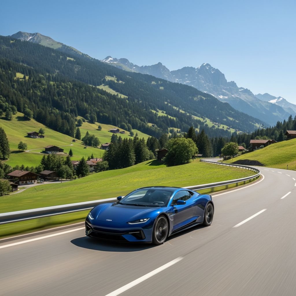 Une belle voiture filant sur une autoroute suisse, avec les collines vertes en toile de fond et un grand ciel bleu. L