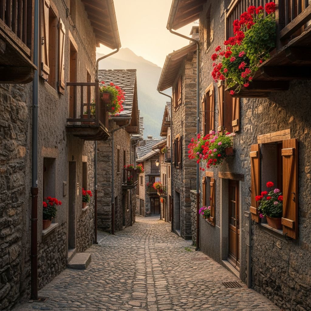 Une ruelle pavée et étroite dans un village alpin français pittoresque, avec des maisons traditionnelles en pierre et des fleurs aux balcons.