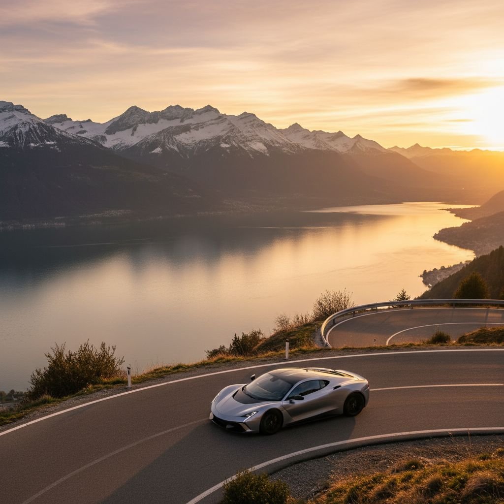 Une voiture de sport moderne roulant sur une route de montagne sinueuse avec le lac Léman et les Alpes suisses en arrière-plan au coucher du soleil.