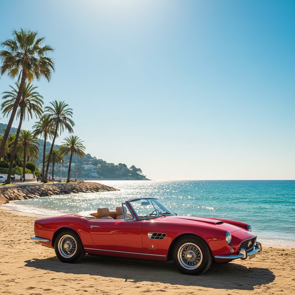 Une voiture de sport rouge décapotable garée face à la mer scintillante de la Côte d