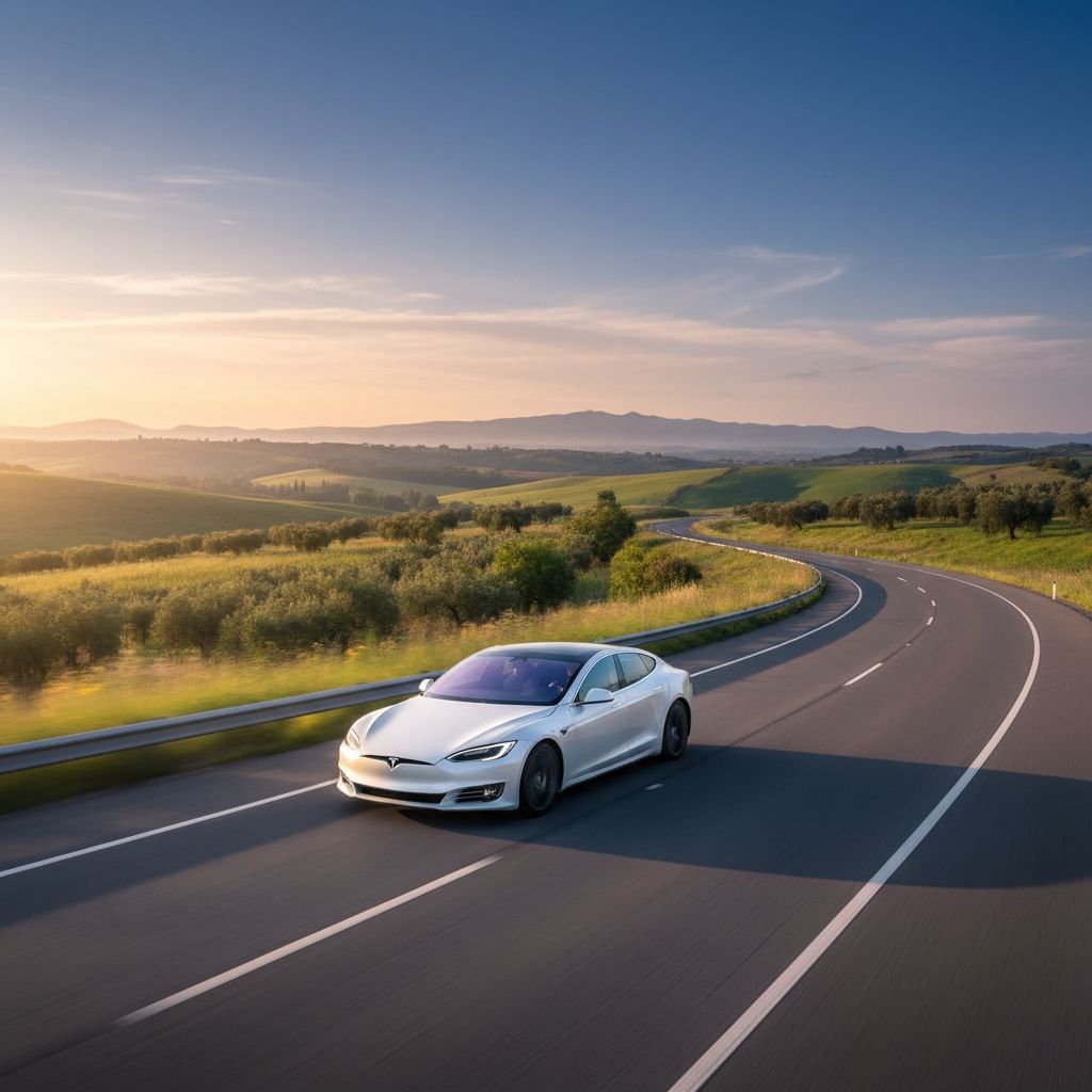 Imaginez une belle voiture sur une autoroute qui serpente au lever du soleil, à travers une campagne vallonnée... L