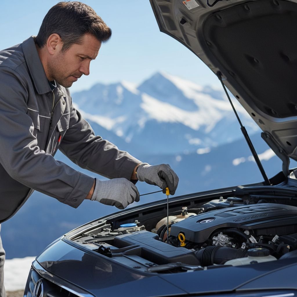 Driver checking oil level on a modern sedan before a trip with mountains in background