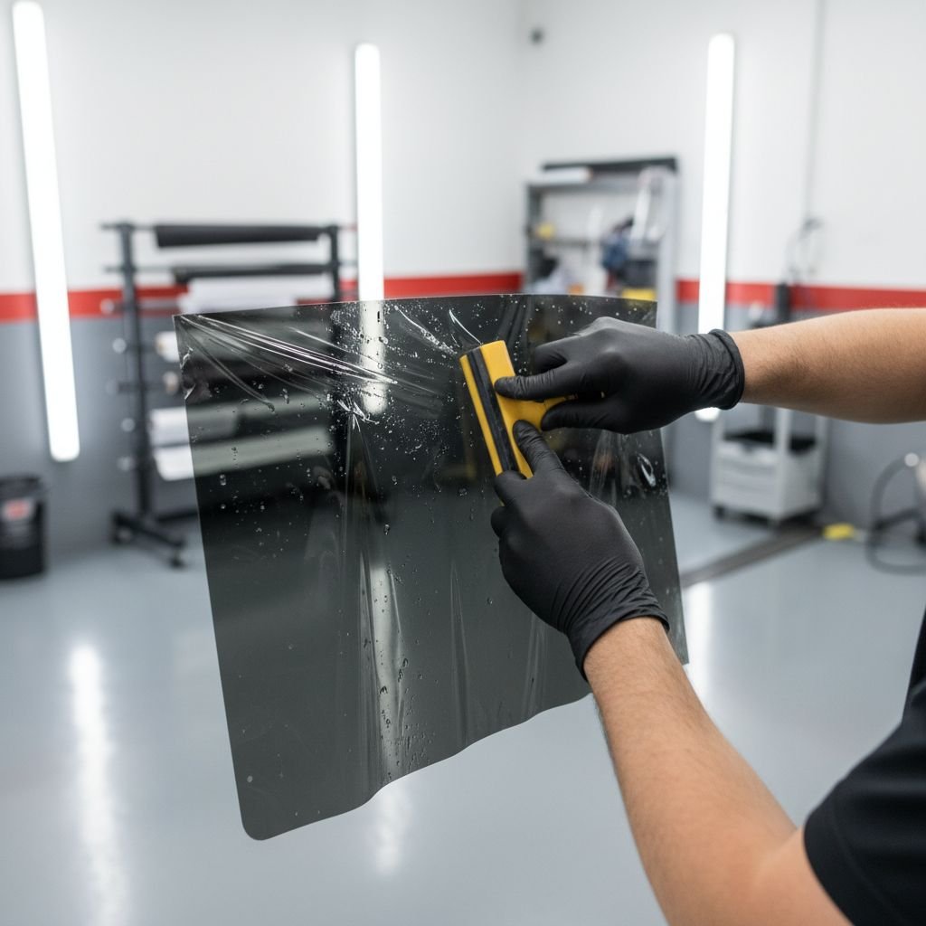 Close up detail of a car window tint installation process in a garage