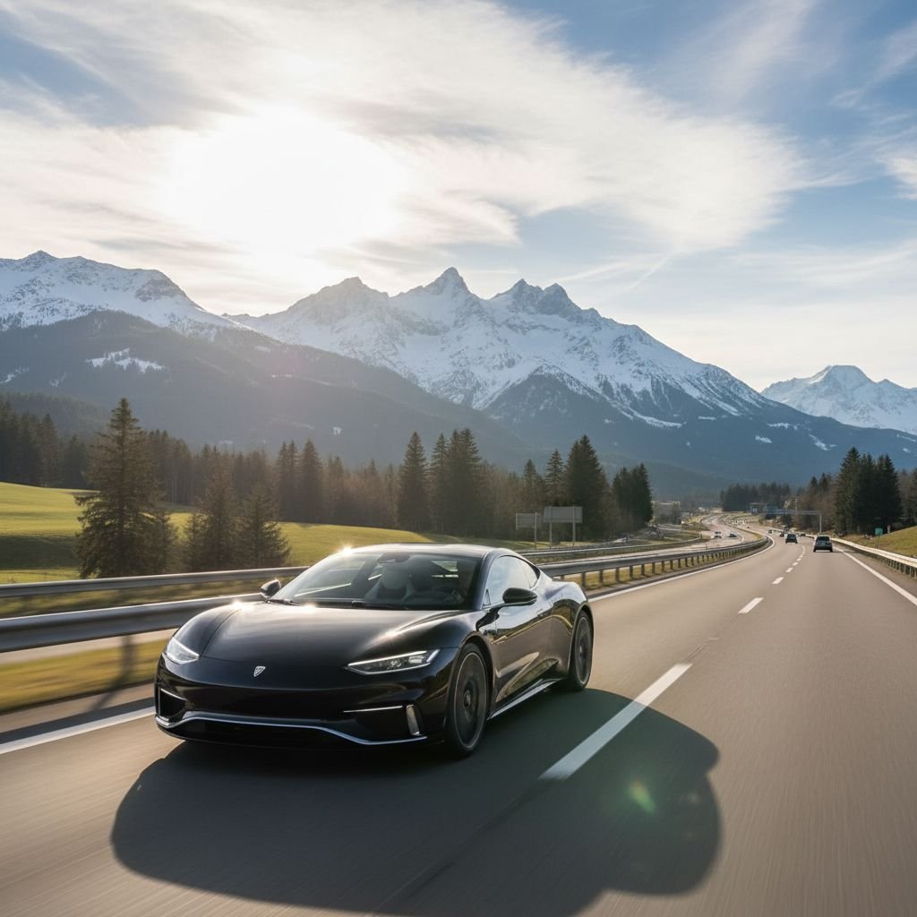 A realistic modern car driving on a sunny highway with mountains in background, heading south from Switzerland towards France