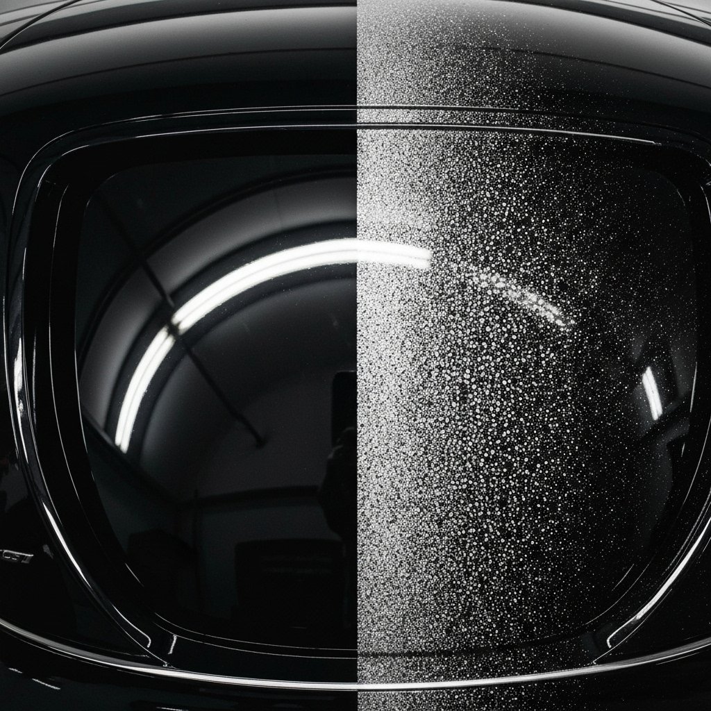 Close up of a luxury car hood showing reflection after a manual wash versus swirl marks from automatic wash