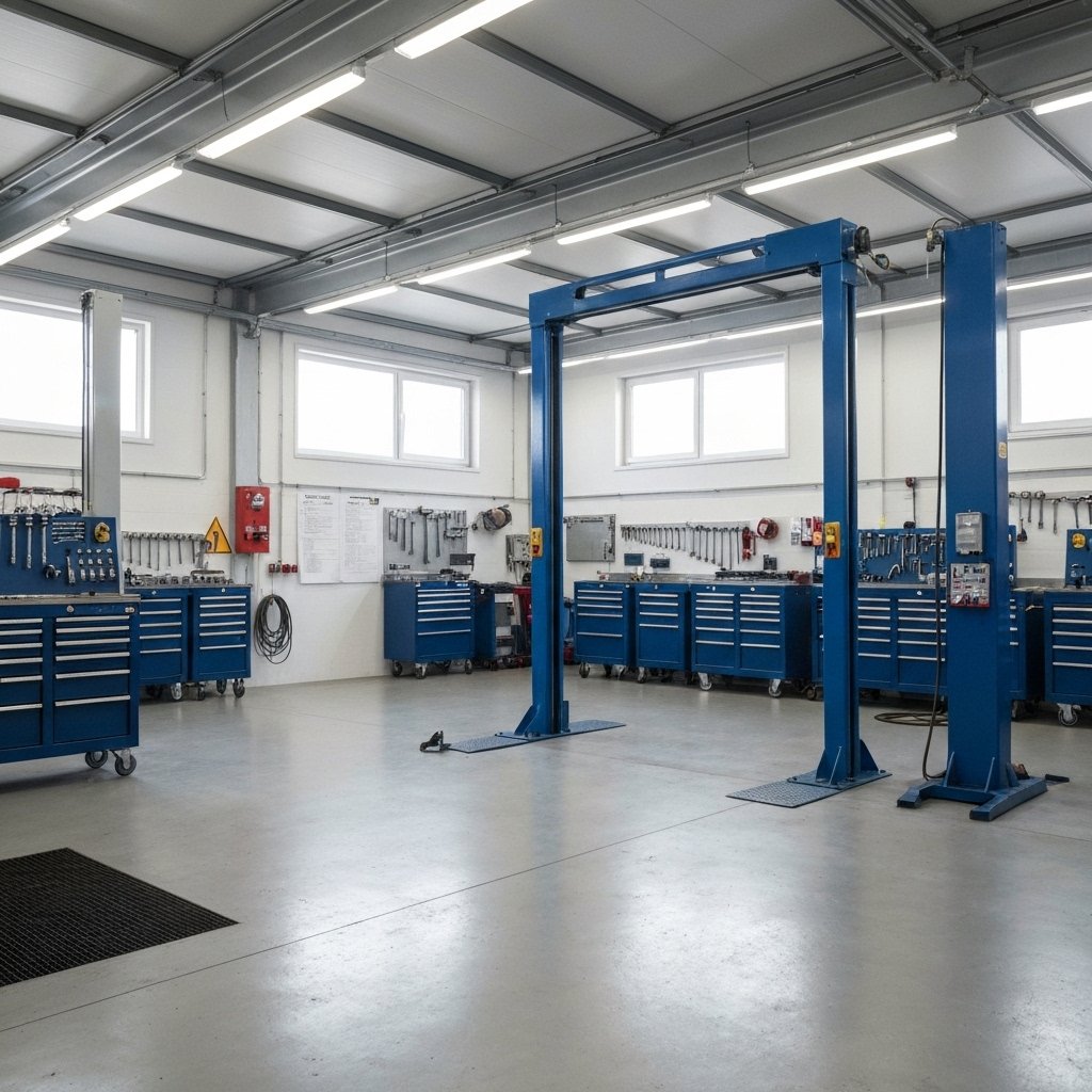 Professional car service workshop interior with modern equipment and clean presentation