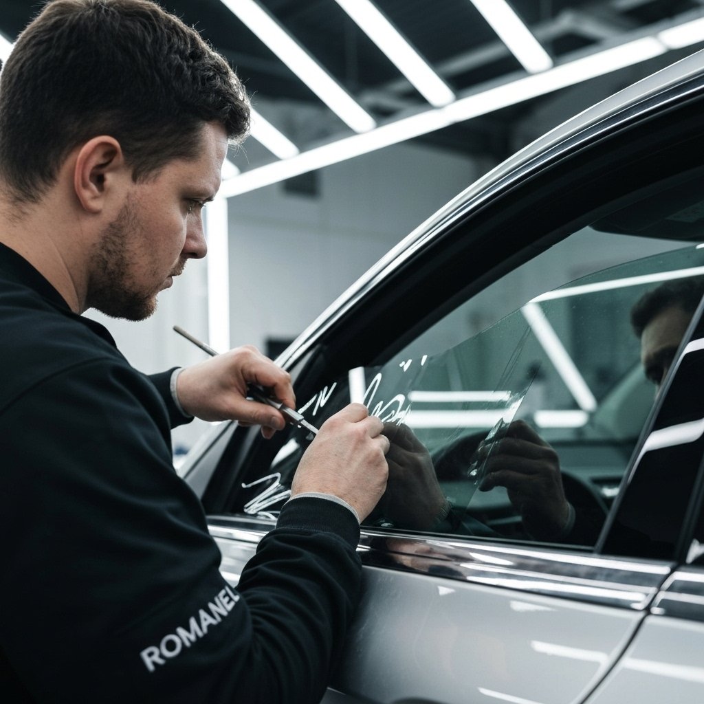 TechCar technician carefully applying window tint film in Romanel workshop