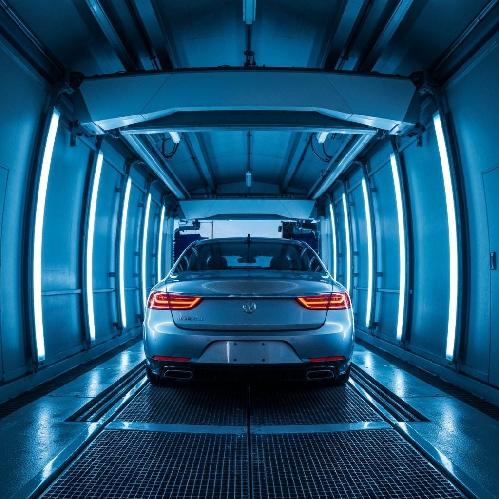 A car entering a modern washing tunnel with blue neon lights and splashing water