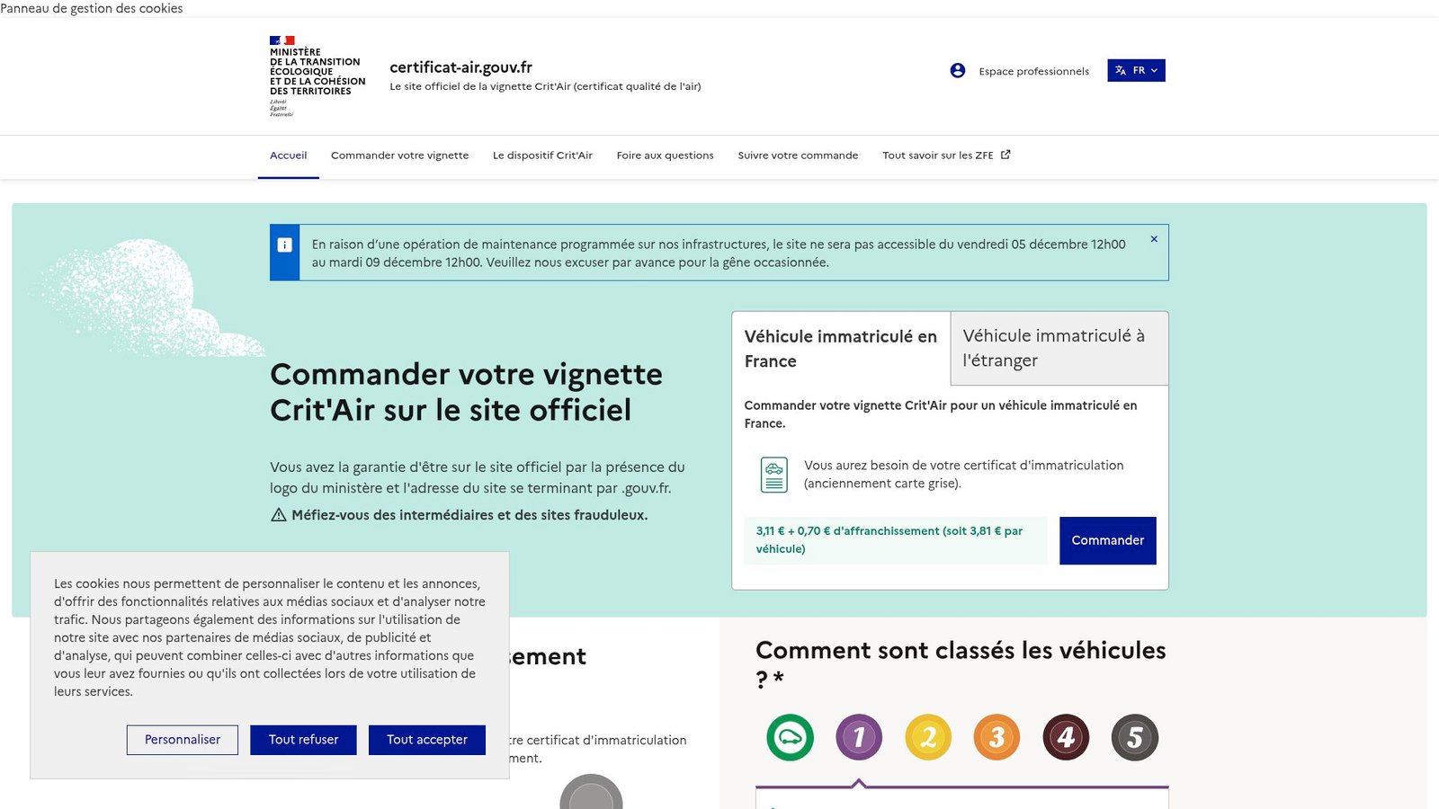 Screenshot of the official certificat-air.gouv.fr website showing the Crit