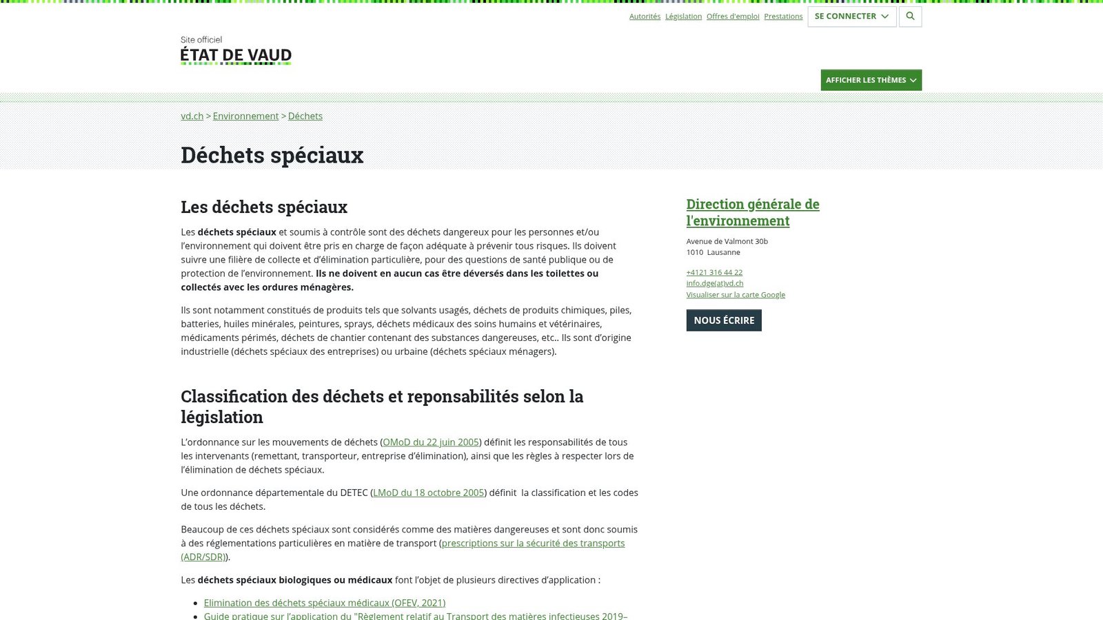 Web page screenshot of Canton de Vaud official publication regarding vehicle waste