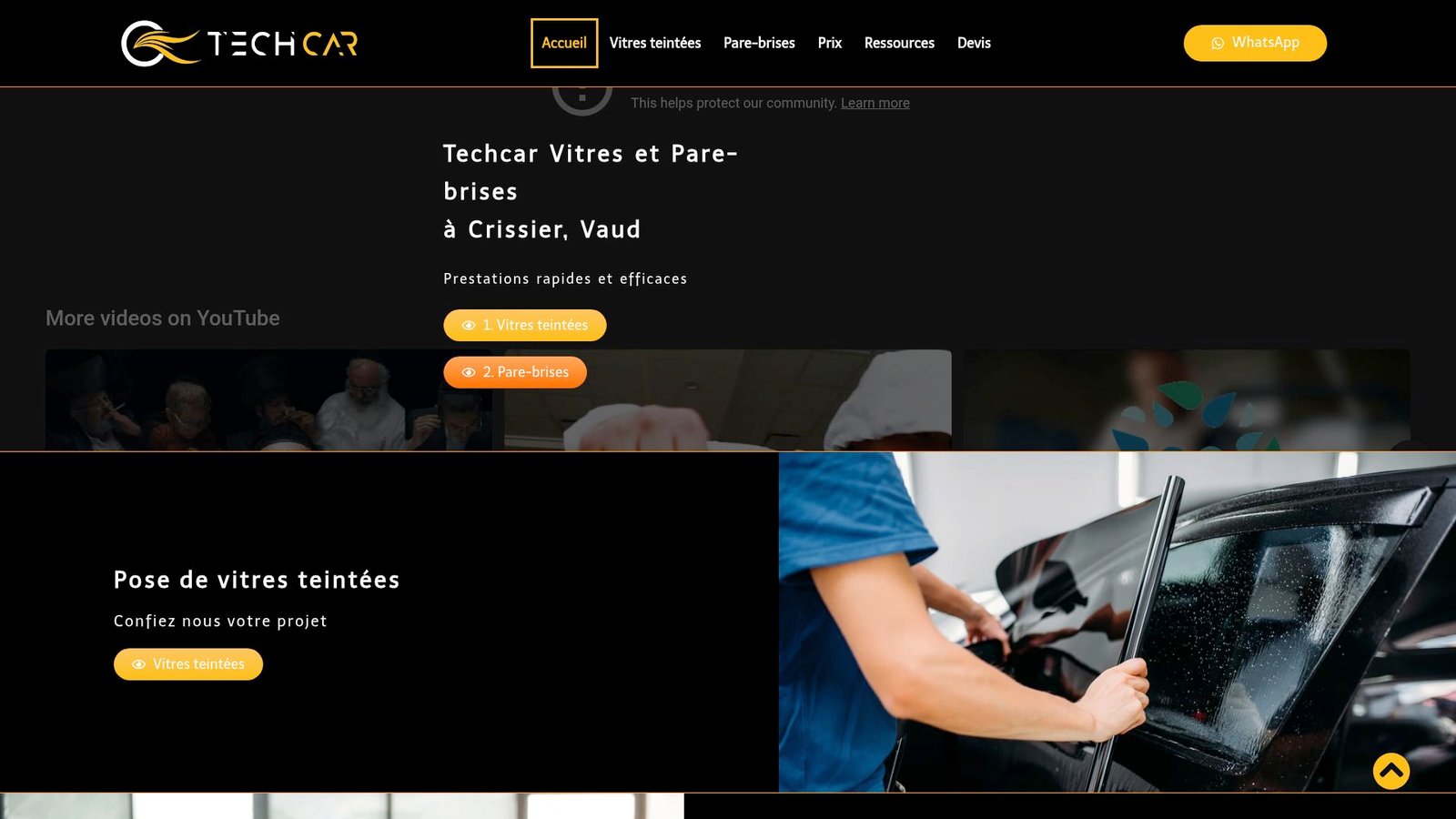 Screenshot of TechCar homepage showcasing tinting and car care services