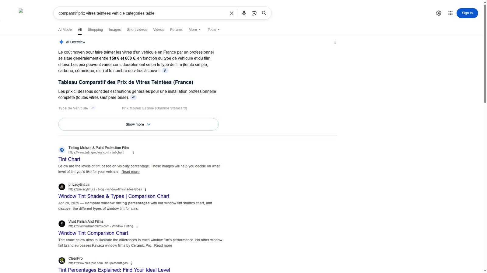 Screenshot of comparatif prix vitres teintees vehicle categories table