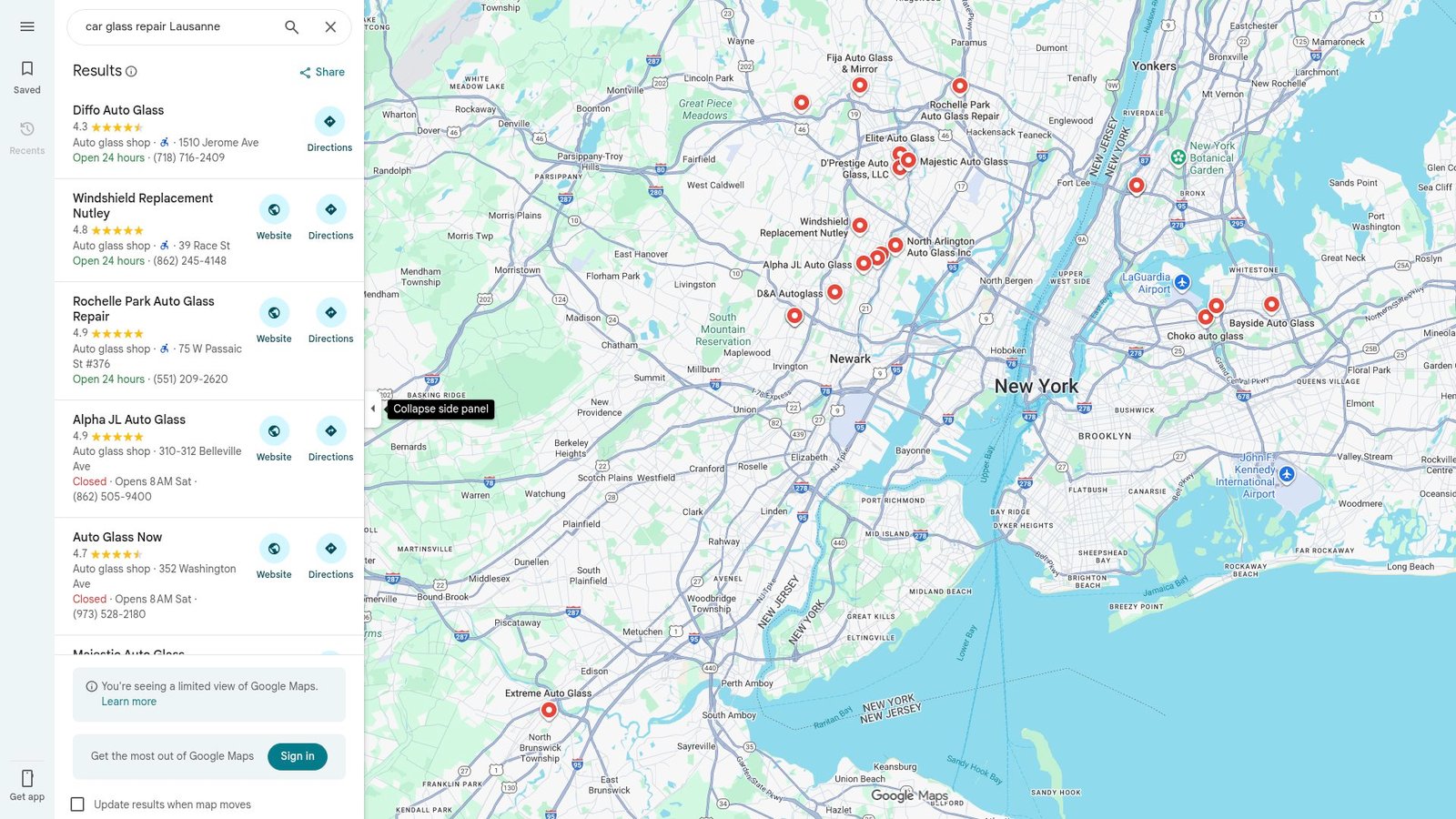 Screenshot of Google Maps showing car glass repair locations around Lausanne