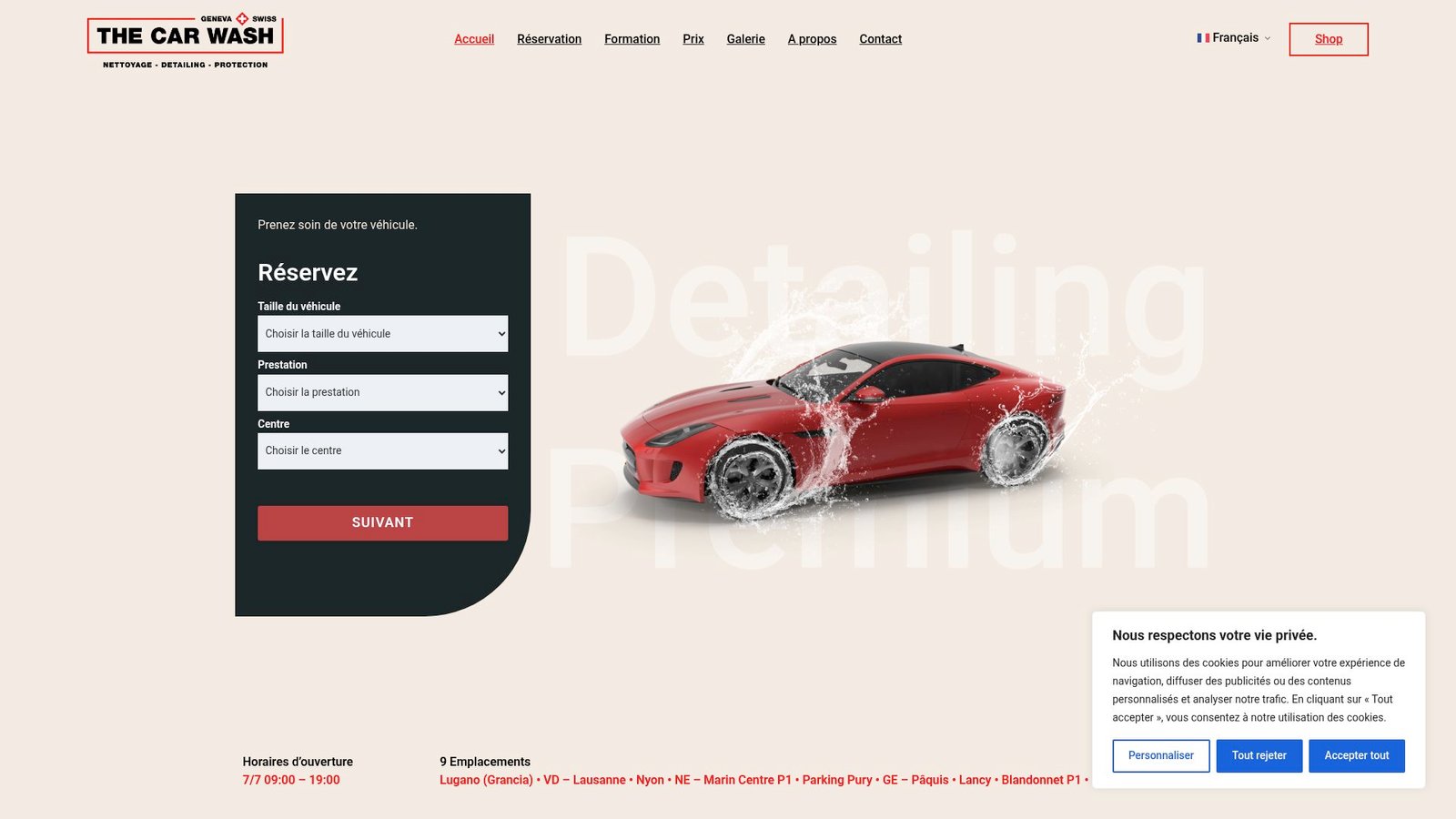 Screenshot of the official website homepage of The Car Wash showing their pricing packages