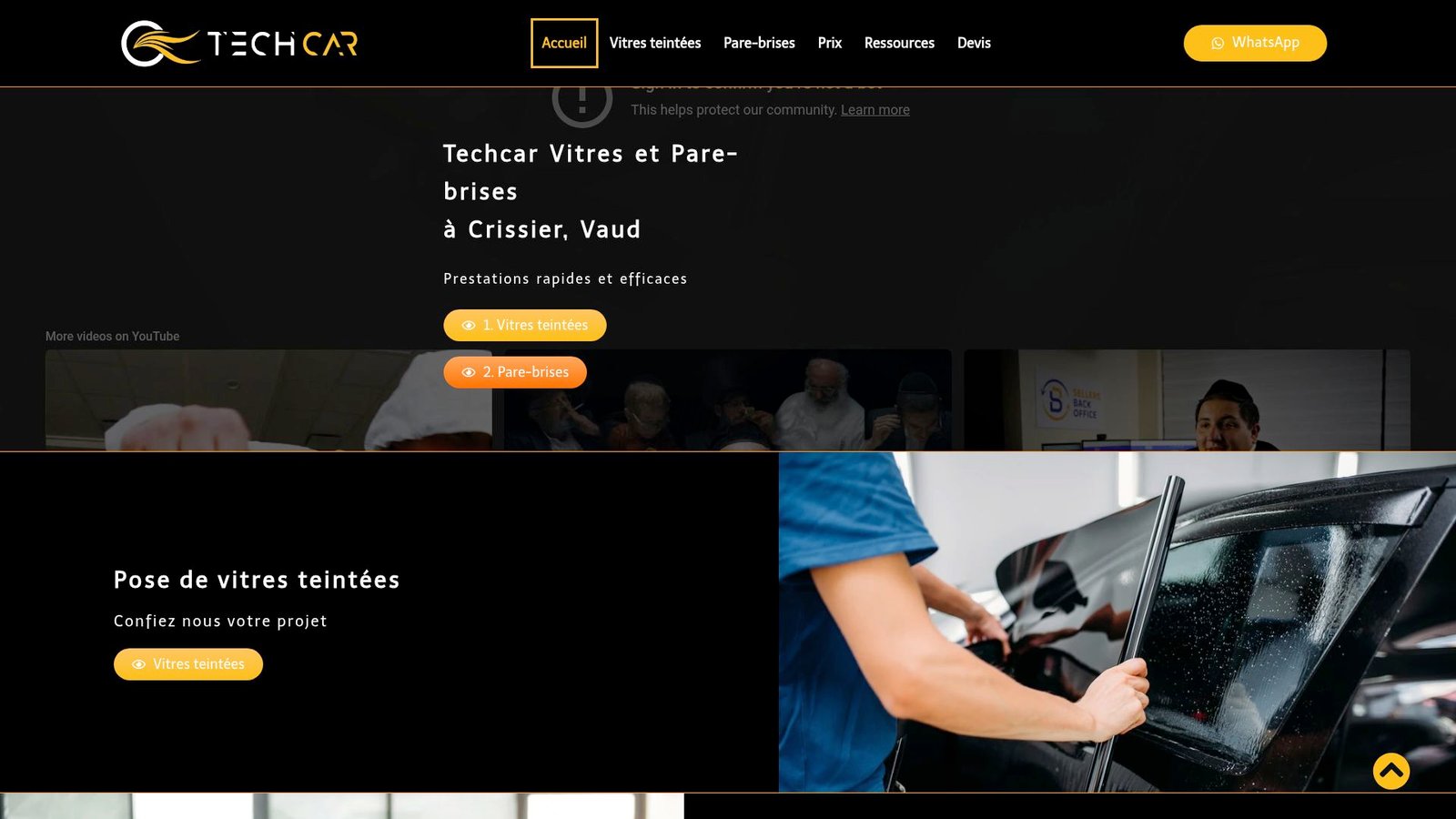 Screenshot of the Tech Car website homepage showing the booking form and contact details