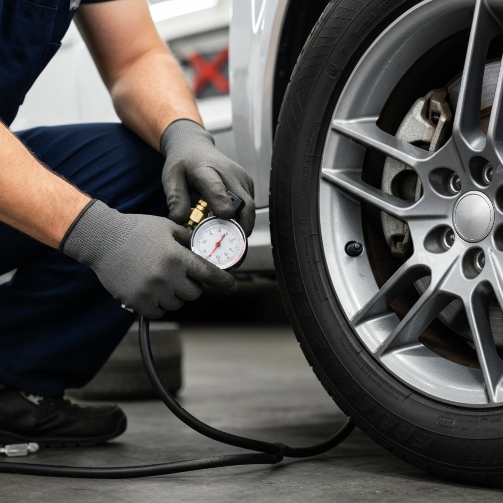 Mechanic checking tire pressure on a sedan car wheel close up view detailed