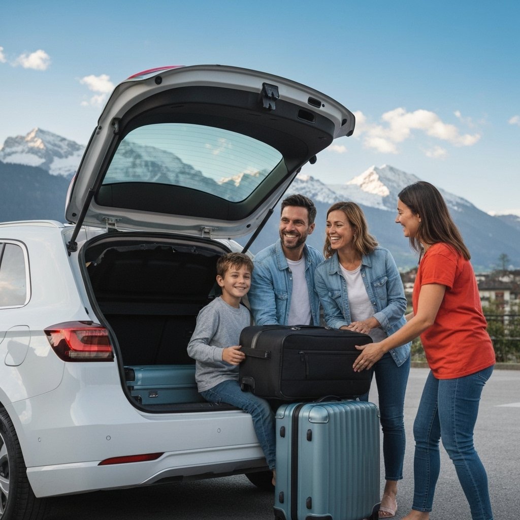 Happy family packing luggage into a clean modern car trunk in Lausanne with mountains in background