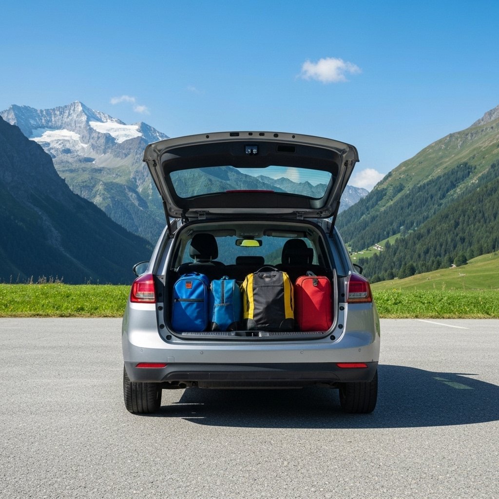 Une voiture familiale chargée prête pour le départ en vacances devant un paysage suisse, coffre ouvert avec bagages organisés