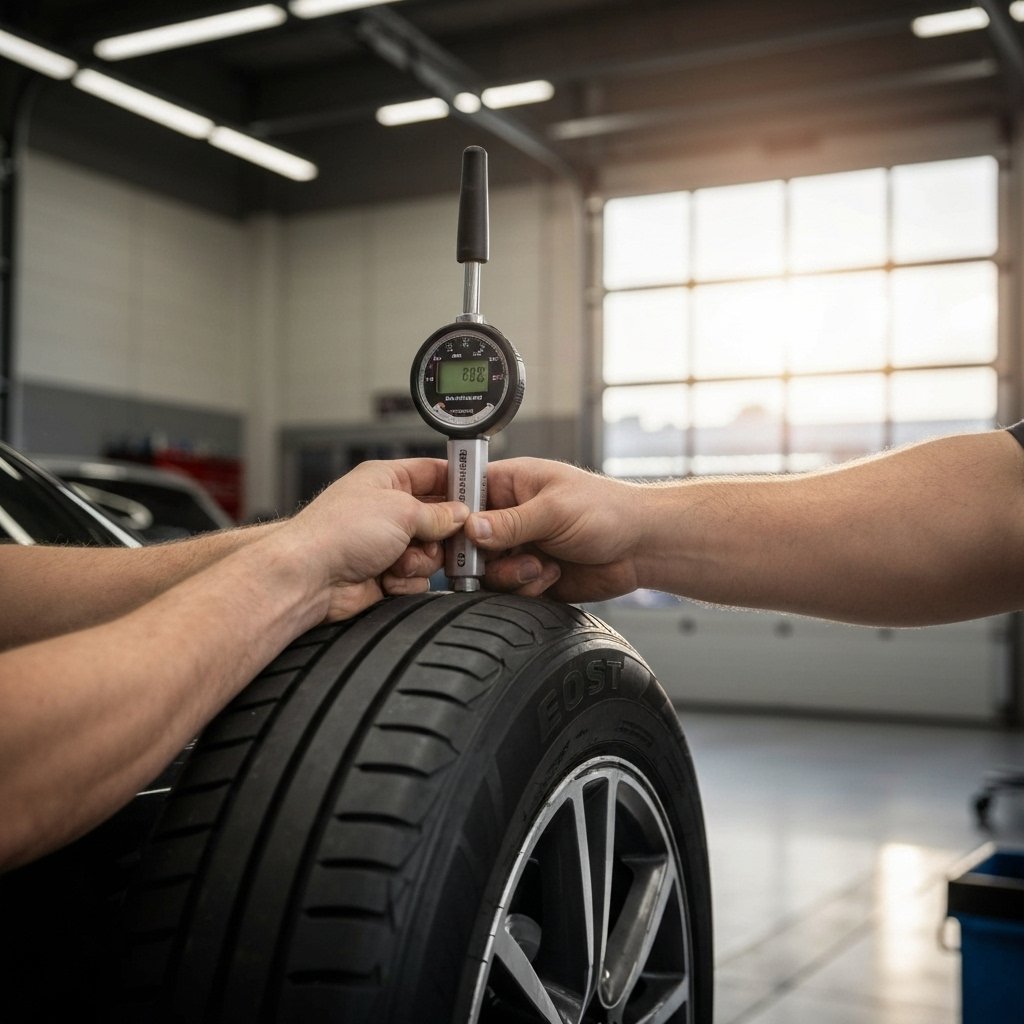 Close-up shot of a tire pressure gauge being used on a car tire valve