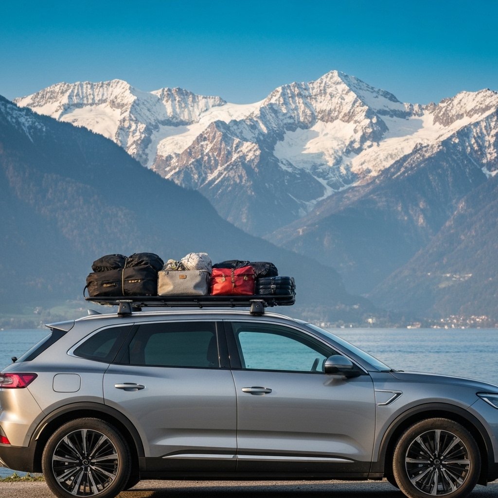 A modern family car packed with luggage parked near Lake Geneva in Lausanne, ready for a road trip, with the Alps in the background, realistic style