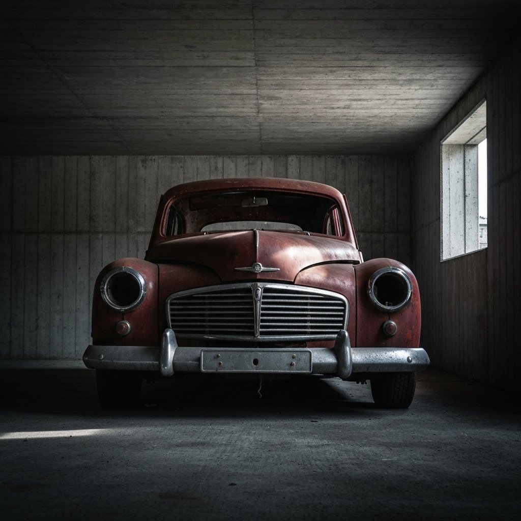 Rusty old car parked in a garage in Lausanne needing demolition