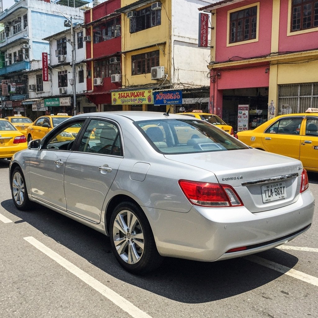 High quality photo of a modern car on the german autobahn with scenic background