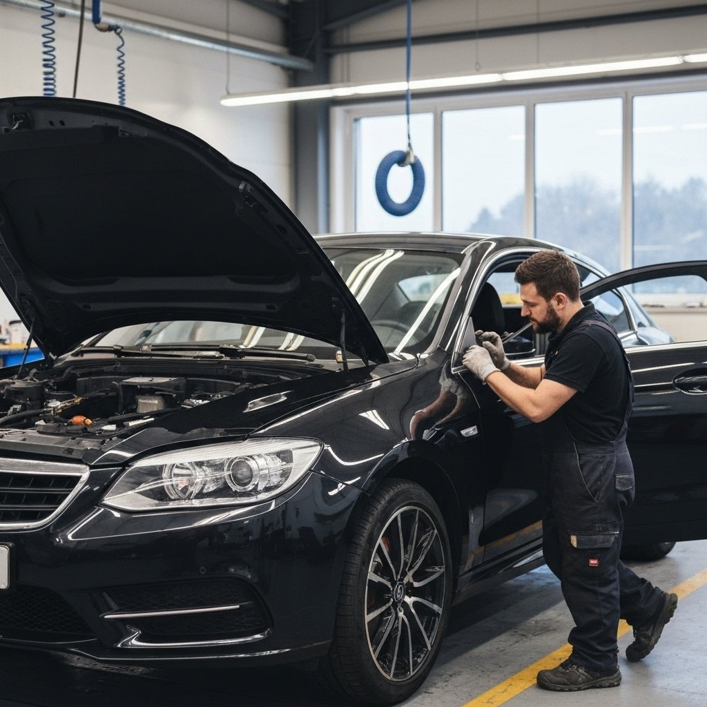 Technicien posant un film solaire de haute qualité sur une berline noire dans un atelier propre en Suisse romande