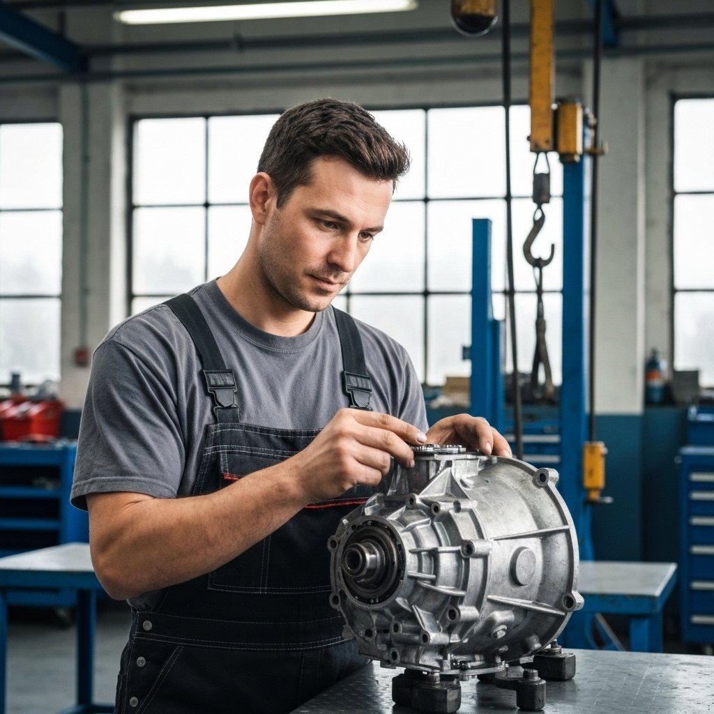 A mechanic checking a used car part in a workshop looking focused