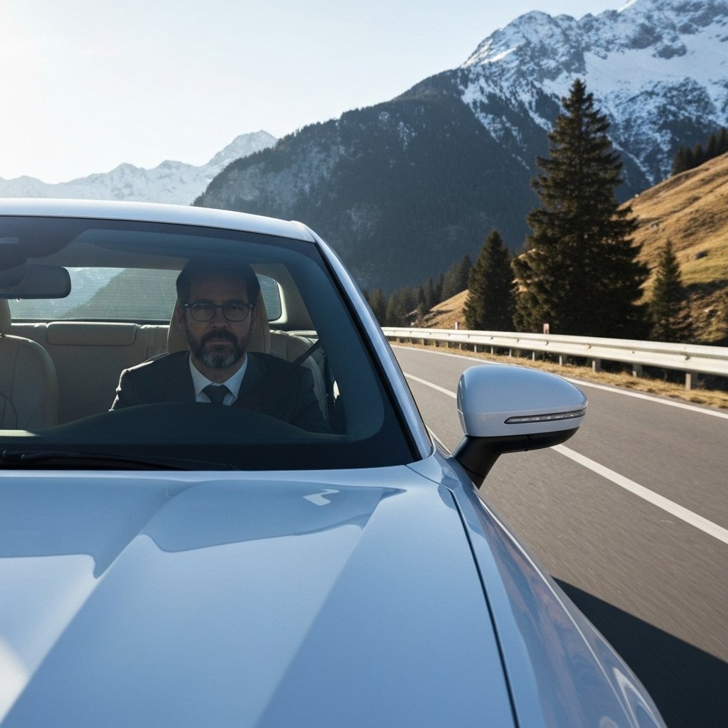 High quality photo of a car driving on a swiss alpine road with mountains in background, sunny day, cinematic style