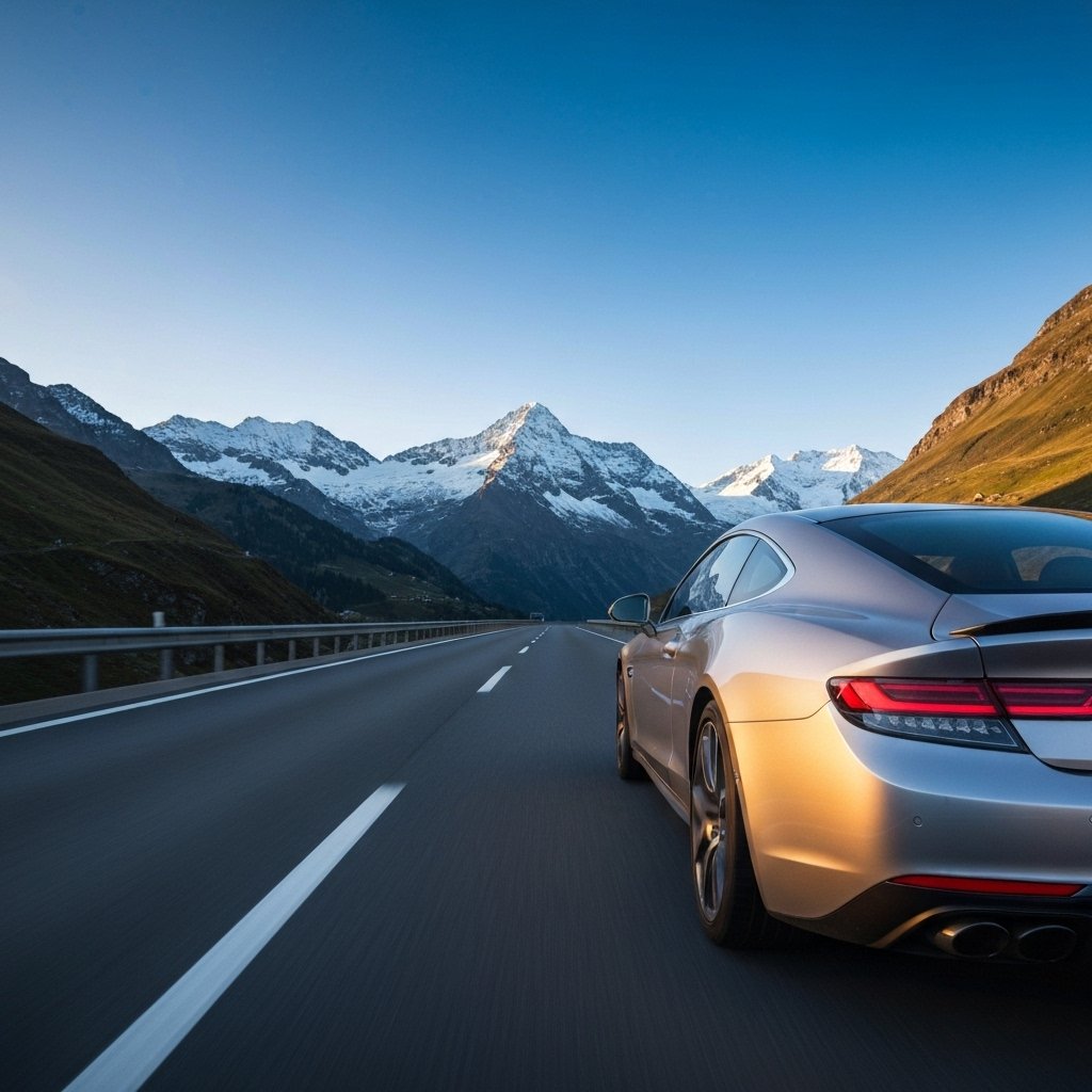 High quality photo of a modern car driving on a swiss highway A1 with mountains in background