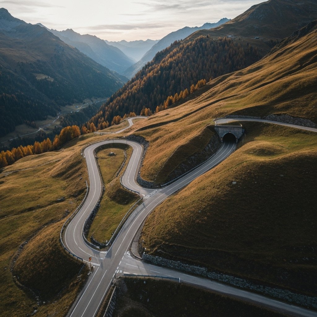 Scenic drive from Switzerland to Italy showing winding roads and mountain tunnel entrance