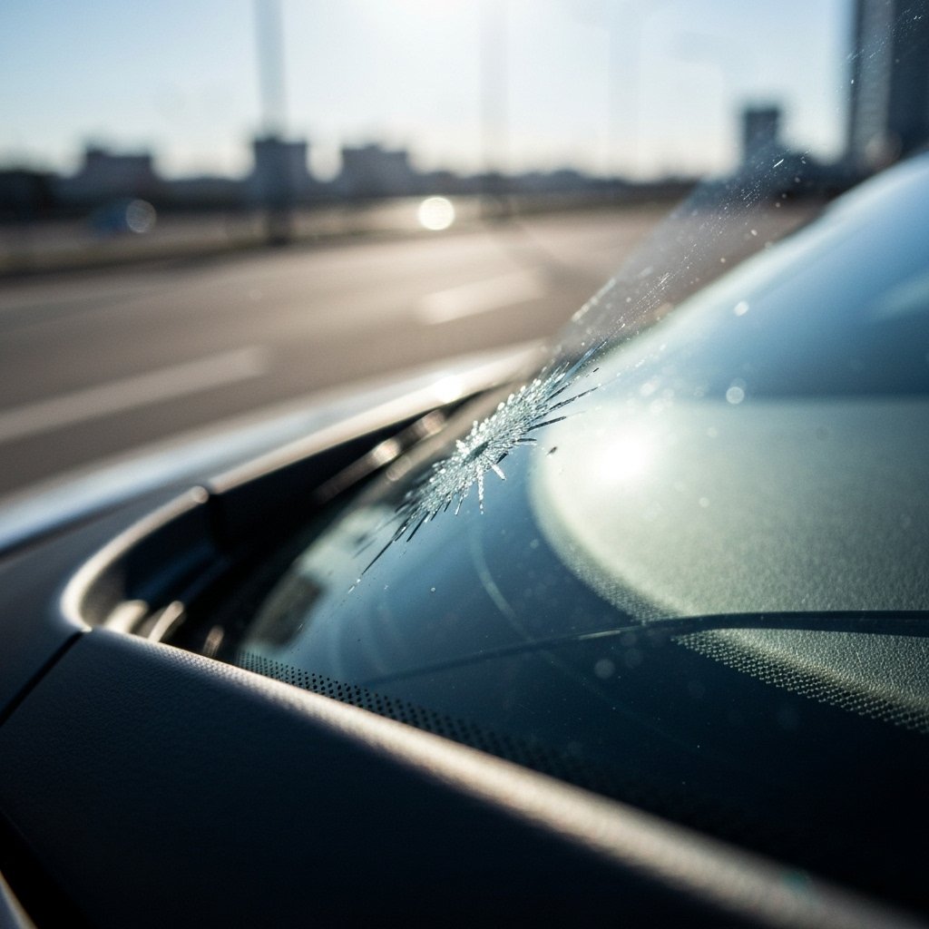 Close-up of a windshield stone chip with a blurry road background in Lausanne