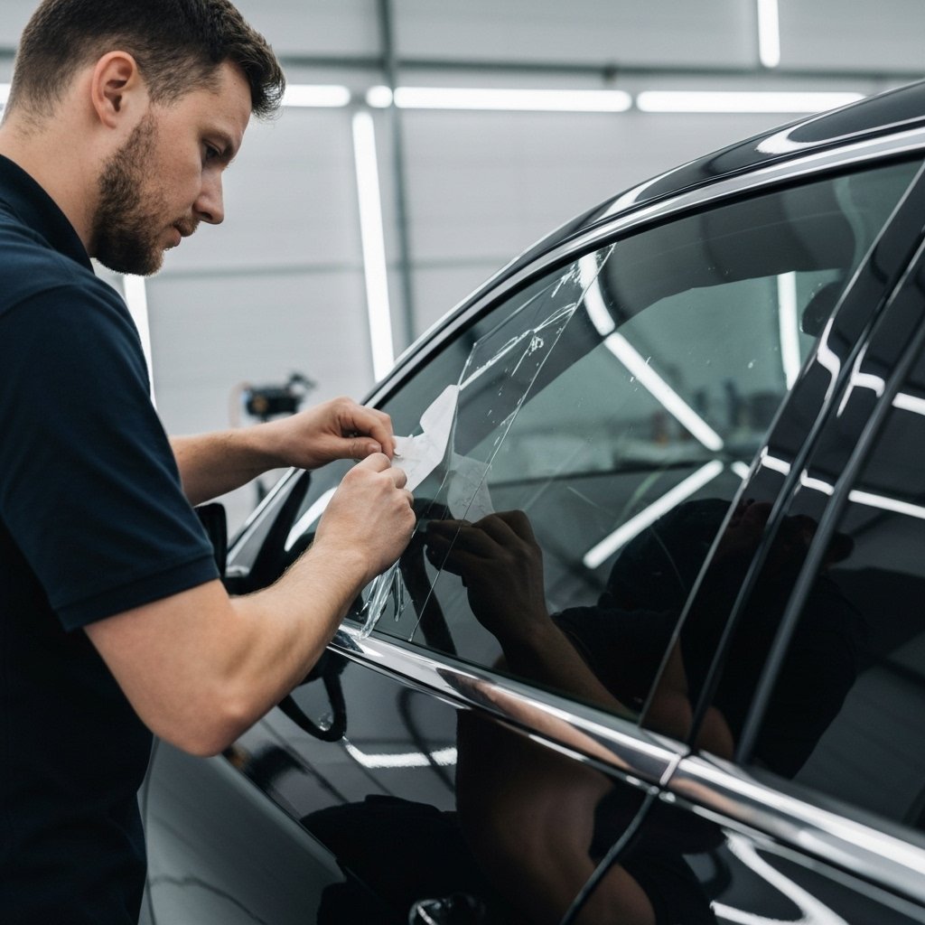 Technicien appliquant un film teinté sur une vitre latérale de voiture de luxe dans un atelier propre