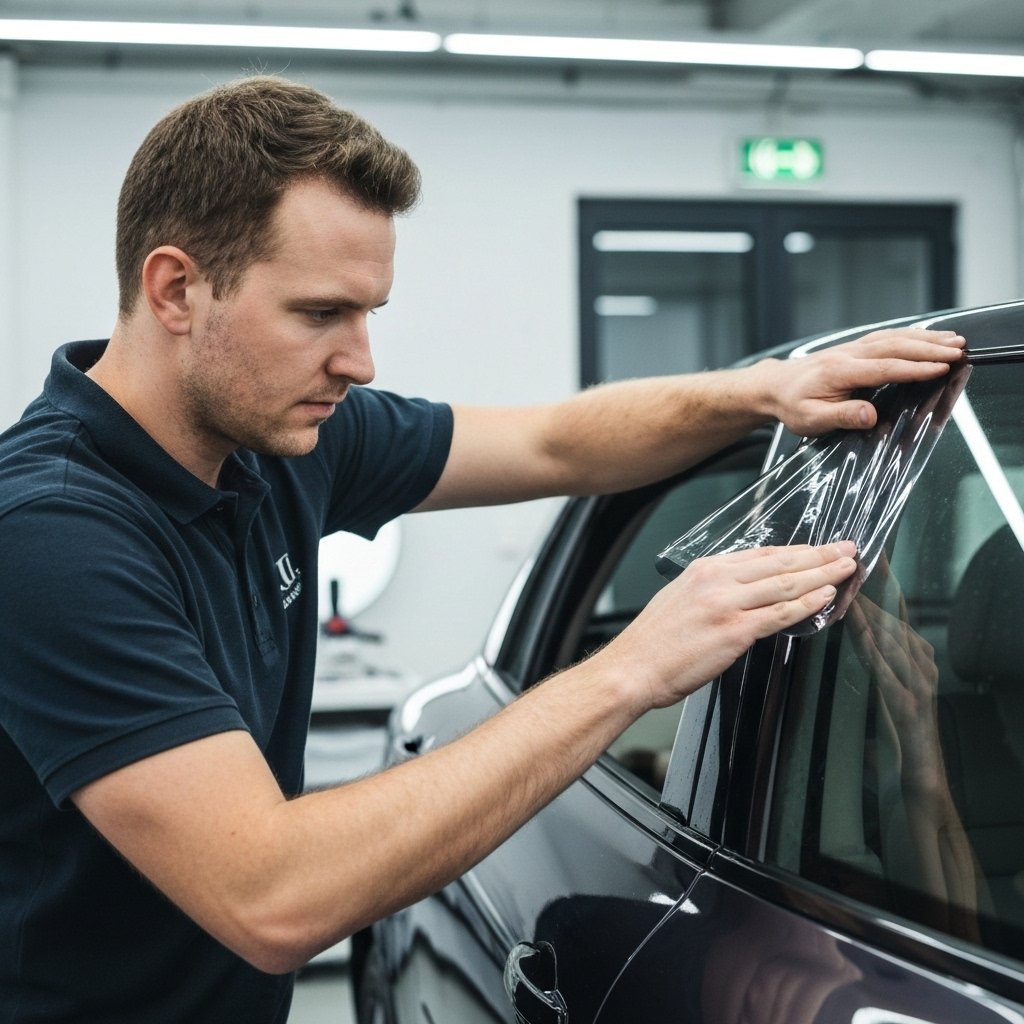 Technicien appliquant un film teinté sur une vitre latérale avec précision dans un atelier professionnel