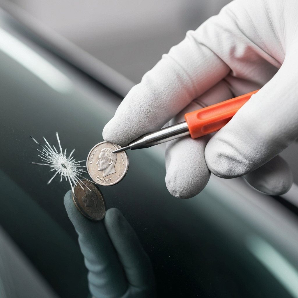 Technician hand measuring a windshield chip size with a coin comparison to determine reparability