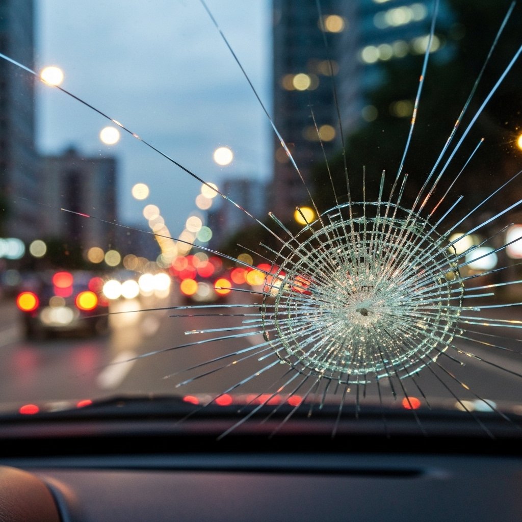 Close-up of a small star-shaped chip on a car windshield, viewed from the driver