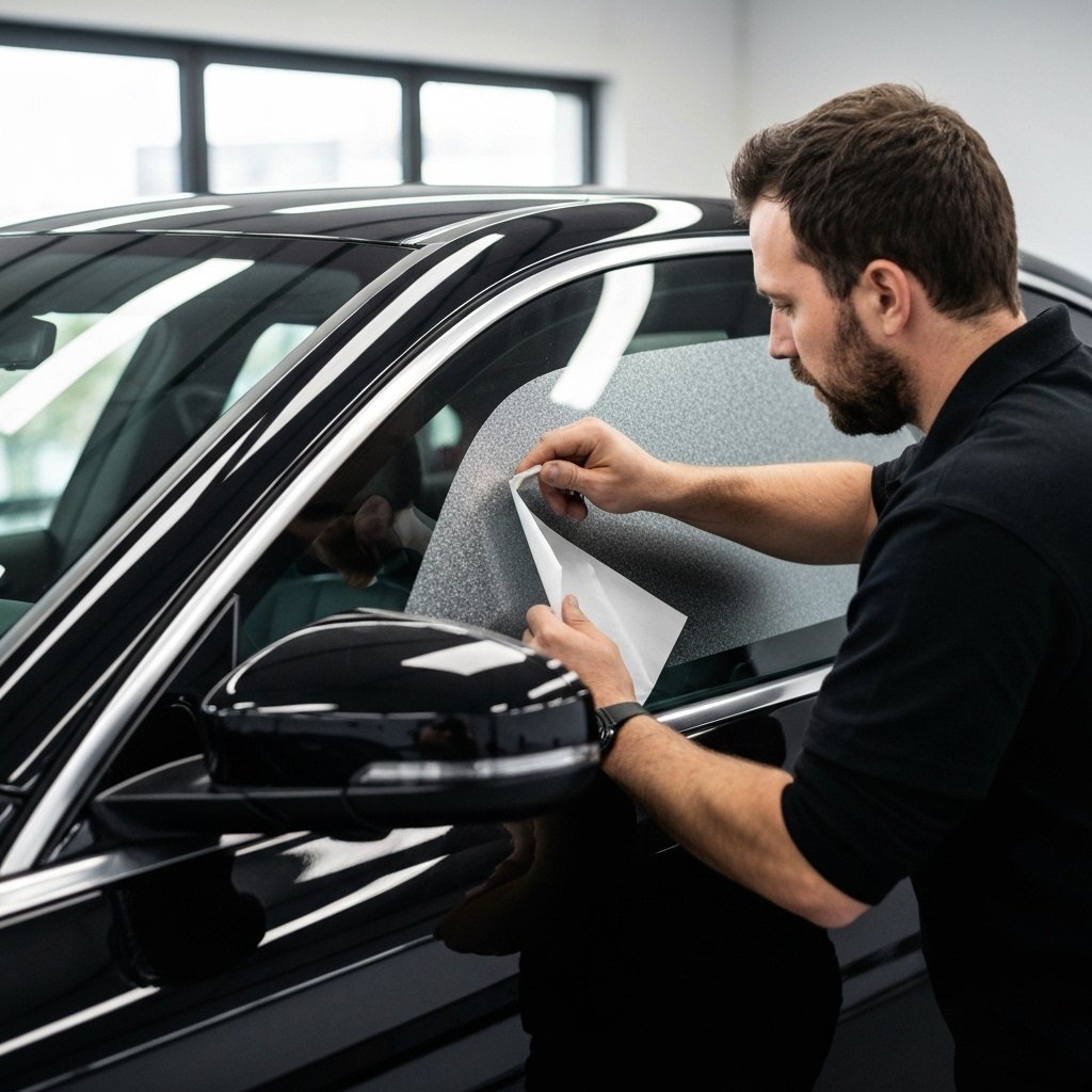 Technicien appliquant avec précision un film teinté sur une vitre latérale de voiture de luxe dans un atelier propre