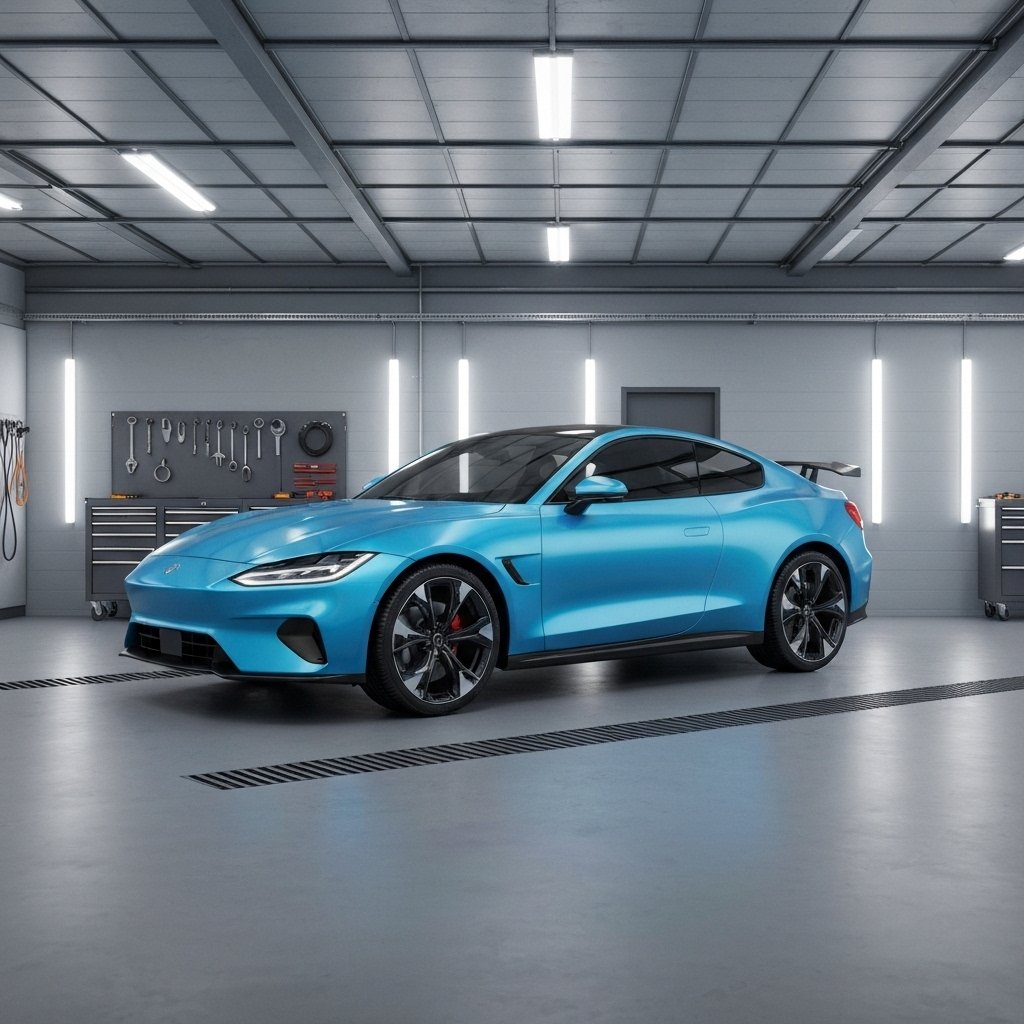 Sleek modern garage interior at Tech Car Romanel with tools arranged neatly and a car ready for delivery