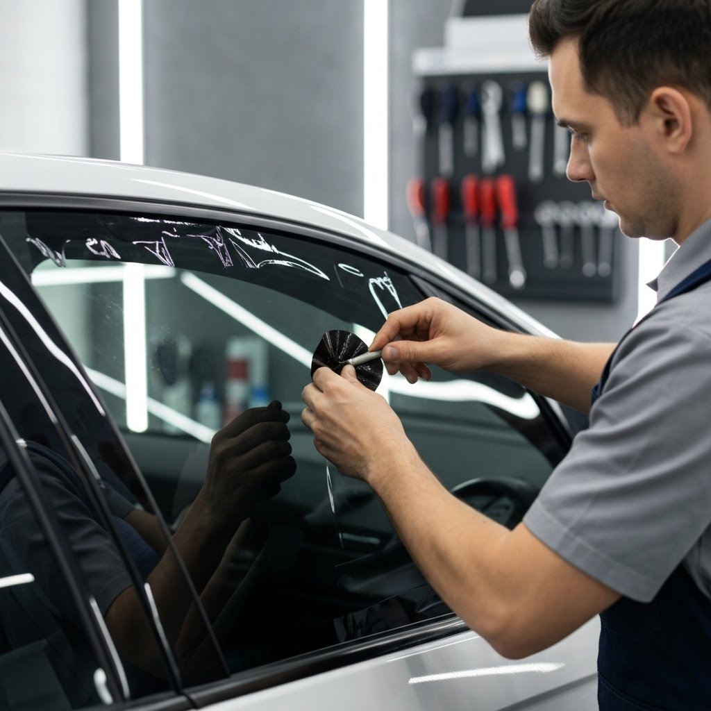 Technicien appliquant un film solaire teinté sur une vitre latérale de voiture avec précision dans un atelier propre