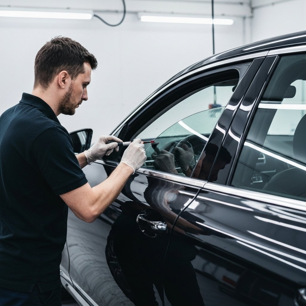 Technician applying window tint film carefully on a luxury sedan in a workshop in Lausanne