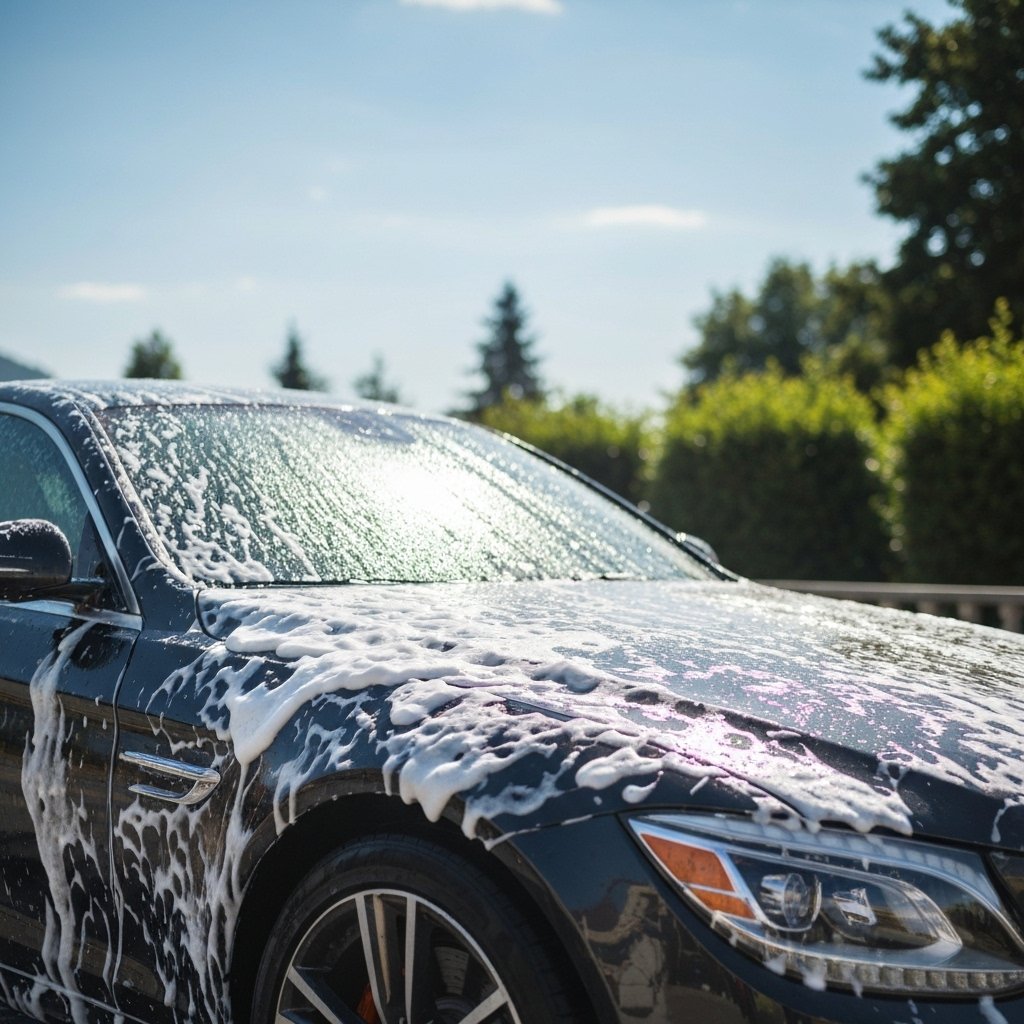 High quality image of a luxury car being hand washed with foam in a sunny environment near Lausanne switzerland