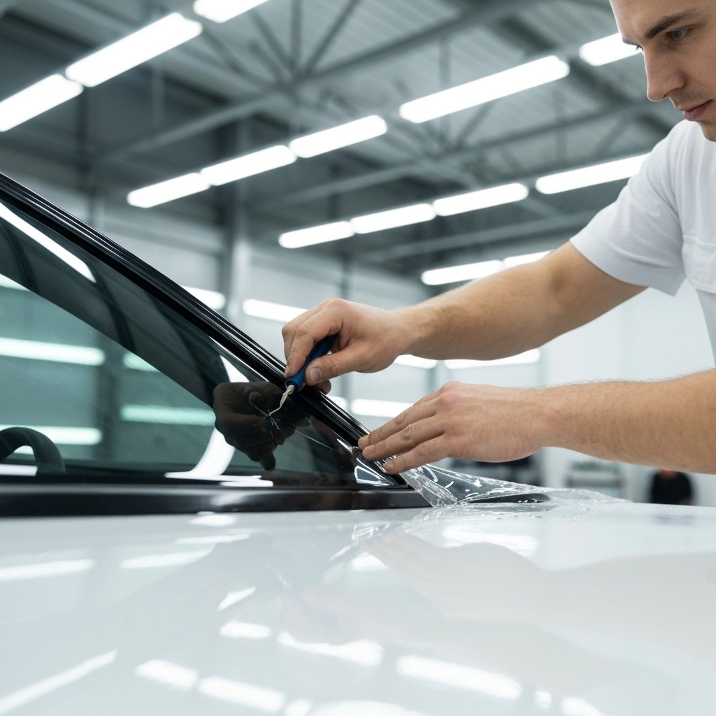 Technician applying tint film on a car window with precision tools in a workshop setting