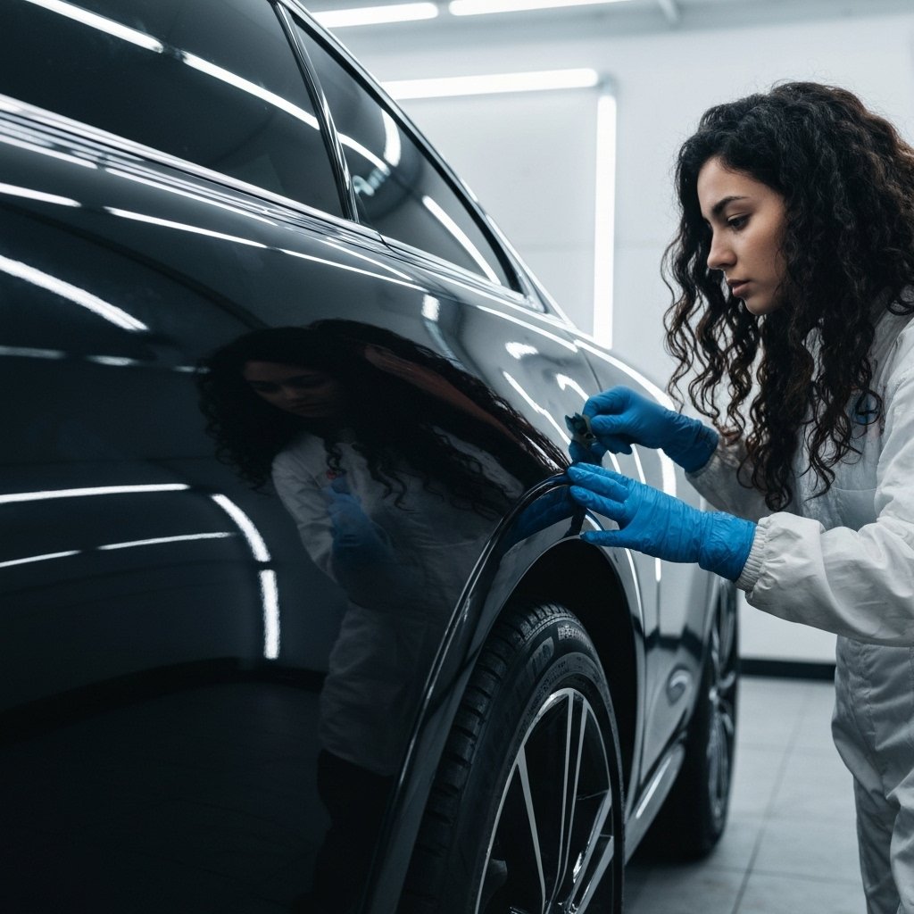 Professional car detailer polishing a black luxury sedan in a workshop in Lausanne, focusing on the reflection on the hood
