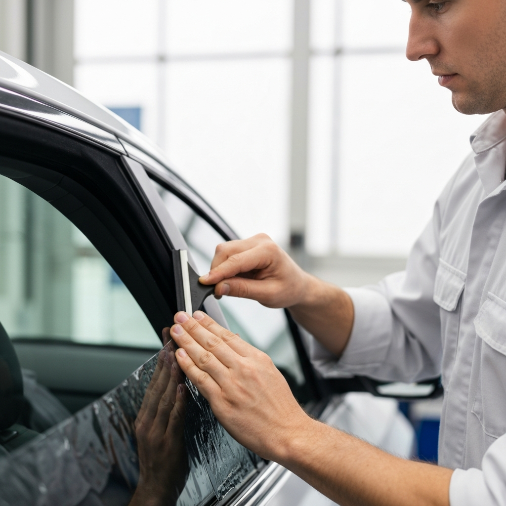 Durée pose film teinté auto: un technicien professionnel applique méticuleusement un film sur la vitre d'une voiture.