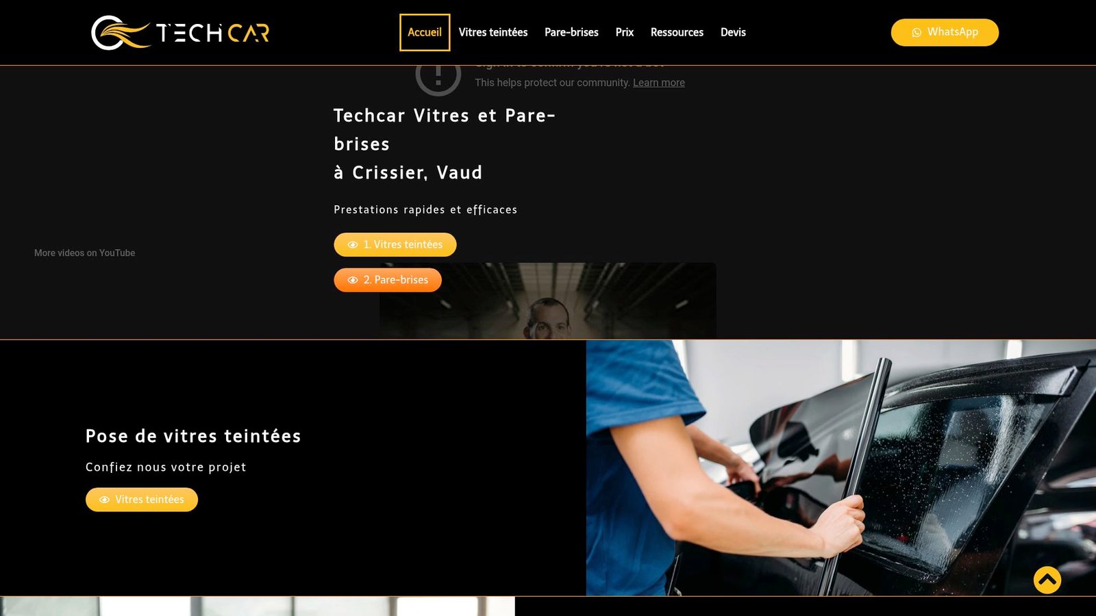 Screenshot of Tech Car homepage capturing the menu and service highlights.