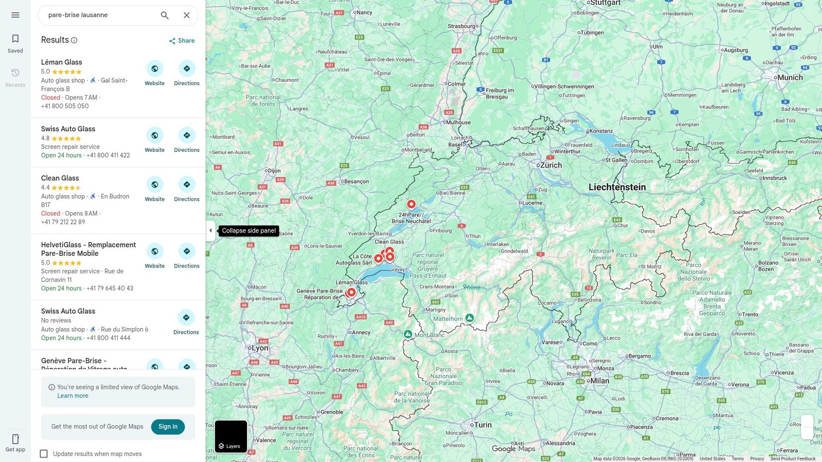 Screenshot of the Google Maps search results comparing locations of windshield repair shops around Lausanne and Crissier