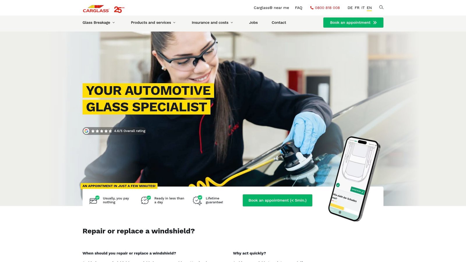 Screenshot of carglass.ch homepage showing their booking tool