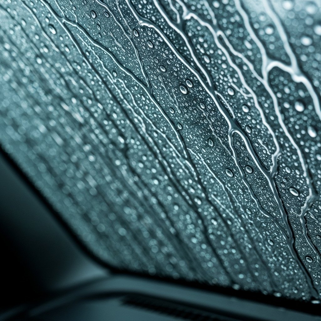 Close-up view of a car windshield during heavy rain, showing water beading effect on the treated side versus a blurred vision on the untreated side, taken from the driver